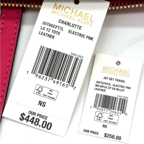 Michael Kors Large Charlotte Tote Bag & MD Bifold Zip Chain Wallet Electric Pink - Picture 14 of 14